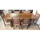 Oak refectory table with 6 chairs (4+2 carvers), chairs upholstered in red and cream William