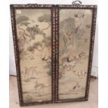 A pair of 19th Century Chinese fine silk embroidered panels with mother of pearl inlaid frames,