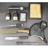 WWII German award documents, a WWII bayonet with other items inc. a telescope, flasks and other