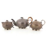 INDIAN WHITE METAL THREE PIECE TEA SERVICE, LATE 19TH CENTURY