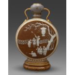 A Mintons pate-sur-pate pilgrim bottle, c1875,  finely painted to either side with a group of