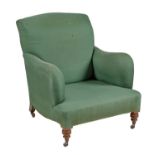 A Victorian easy armchair, Howard of Berners Street, c1900 on turned or square walnut legswith brass