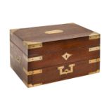 A Victorian brass bound mahogany jewel box, the lid inset with brass plaque inscribed W. J.