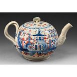 A pearlware Temple and Fence teapot and cover, c1780, with entwined handle, moulded spout and flower