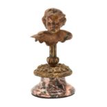 A cast bronze sculpture of the head of a cherub,  on associated brass shaft and marble socle, 20cm h