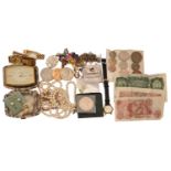 Miscellaneous costume jewellery, including a silver locket, wristwatches, coins, etc .