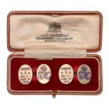 Royal. A pair of gold and enamel royal presentation cufflinks, enamelled in bright blue with crown