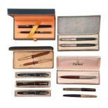 Nine Conway Stewart, Waterman and Parker fountain pens, 1930-1980s, including four boxed pairs,