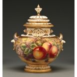 A Royal Worcester pot pourri vase and cover, c1970, painted by J Skerrett, signed, with a continuous