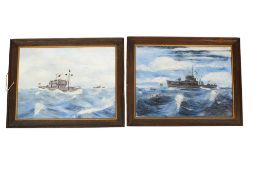 Peter Pallot (1910-2012) - two oils on board of ships at sea.