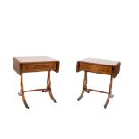 A pair of 20th century Regency style burr walnut veneer drop leaf side tables.