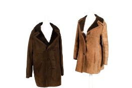 Two vintage sheepskin, brown leather, 3/4 length coats.