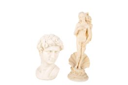 An alabaster 'Birth of Venus' sculpture and resin bust of 'David'. Max.
