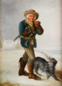 An oil on board depicting a woodman and his dog.