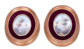 A pair of oval oil pictures. Depicting riverside landscapes, unsigned, 9.5cm x 7.