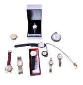 A small group of wristwatches and a pocket watch.