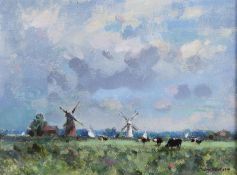 Owen Waters (1916-2004) oil on board, 'Windmills, Norfolk'.