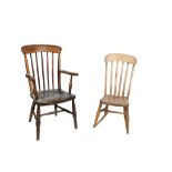 Two vintage Windsor chairs. Comprising an open armchair and a smaller rocking chair. Max.