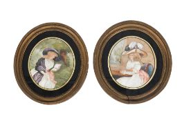 A pair of Georgian silkwork pictures depicting two women wearing hats.