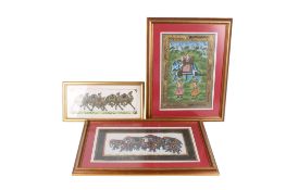 A group of three assorted Eastern gouache paintings. Two depicting elephants the other camels.