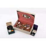 A jewellery box of silver mounted and costume jewellery and watches.