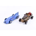 A modern Schylling clockwork tin plate 'Bluebird' model car and a carved wooden race car no. '88'.