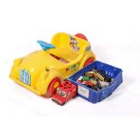 A child's ride on 'Noddy' pedal car. Yellow with red tyres plus some diecast model cars, etc.