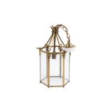 A mid-Century Brass and glass hexagonal hall lantern.