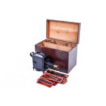 A small vintage magic lantern with coloured glass slides, in original box.