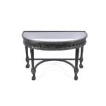 A contemporary French style demi lune glass top console table.