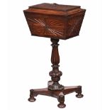 A William IV rosewood work table, with caddy top turned centre column quatreform base and short