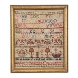 A Victorian needlework sampler, by Jane Lawton 1867. 28 x 23 cm, framed.