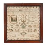 A George IV needlework sampler by Mary Allison, April 26th 1821. 31 x 30.5 cm, framed.