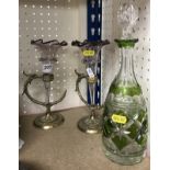 A pair of 19th Century Bohemian amethyst glass trumpet shaped epergnes on cast brass exotic bird