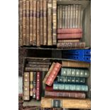 Two boxes of assorted leather decorative bindings to include Saturday magazine from July 1832