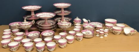 A late Victorian pink banded gilt highlighted and floral spray painted composite tea set comprising