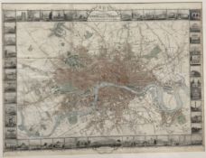 A framed and glazed folding map of London by John Tallis “The Illustrated Plan of London and its