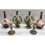 A collection of six items of Hadley's porcelain wares including a pair of rose decorated