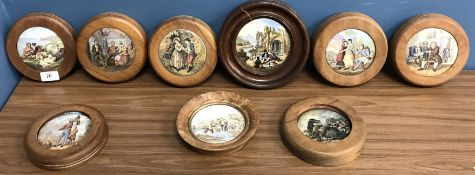 A collection of nine various Victorian transfer decorated pot lids to include 