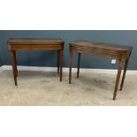 A pair of Regency rosewood and brass inlaid fold-over card tables on turned and reeded tapering
