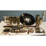 A collection of various penknives and militaria including two horn-handled or antler-handled sheath