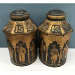 A pair of 19th Century painted and gilded tole ware tea urns with china men figural decoration,