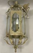 A grey metal hexagonal hall lantern with three lights, 77cm drop