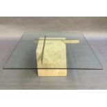 An Artedi travertine and brass glass top coffee table, 96cm square x 43cm high