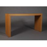 Heals, London c1980s/90s, A pale oak console table, rectangular on panel standards, decal, 141cm
