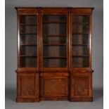A VICTORIAN BURR WALNUT BOOKCASE BY W J MANSELL, Cabinet Maker, 226 and 226A Fulham Road and 2A