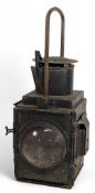 British Rail Tail Lamp Lantern with glass colour insert and original and burner fittings, 49cm tall