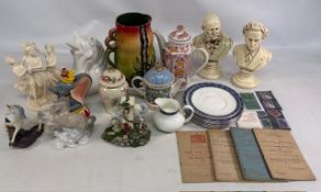 Collectable china and porcelain, to include: unicorn figures, musician’s bust, dumbo teapot a/f, a