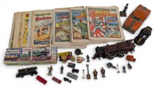 Vintage Playworn Toys, with noted items of Hornby O gauge Royal Scot locomotive (missing front and