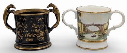 1860 Phillip Barber Jackfield type Loving Mug with all round gilt decoration and greyhound dog
